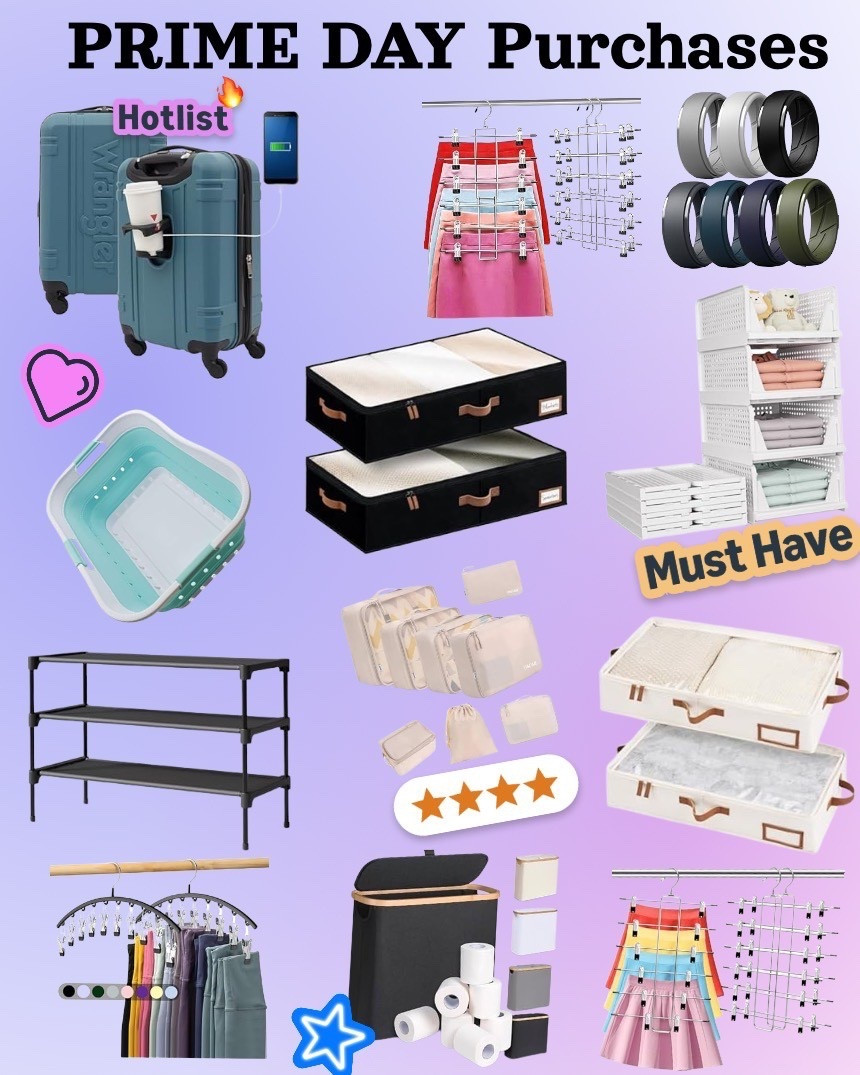 My prime day purchases✨ storage, organization , beauty, travel, luggage, shoe shelf, bathroom organization, men silicone ring, hangers, hard case carry on, laundry basket! #amazoninfluencer #amazonfinds #travel #home #laundry #storage 

#LTKMens #LTKTravel #LTKHome