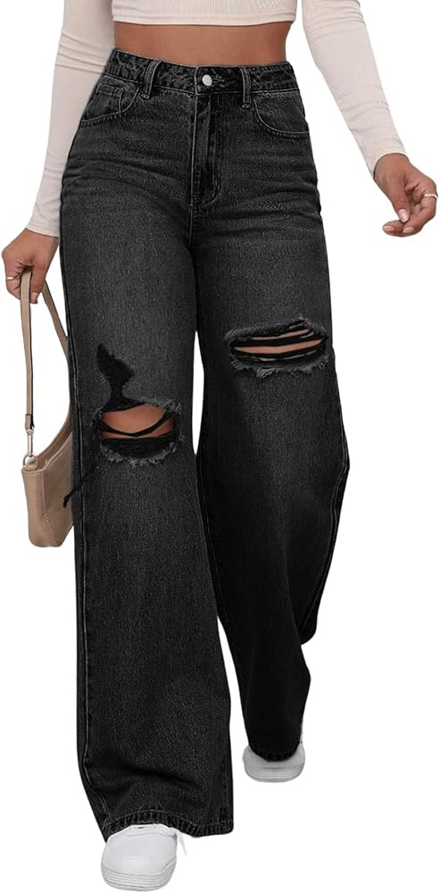 WDIRARA Women's High Waist Ripped Wide Leg Baggy Jeans Distressed Denim Pants | Amazon (US)