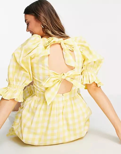 New Look tie back shirred smock dress in yellow gingham | ASOS (Global)
