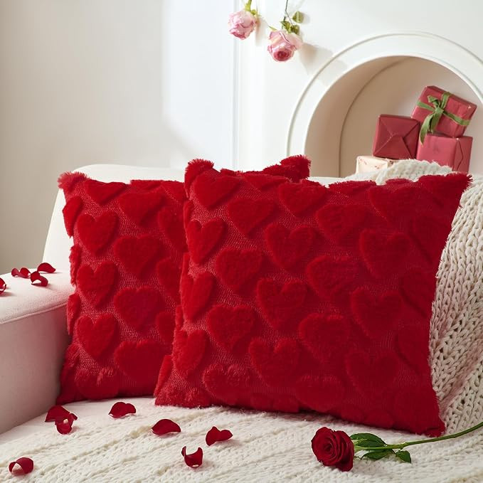 Volcanics Valentines Pillow Covers 20x20 Set of 2 – Red Heart Plush Faux Fur Jacquard Throw Pil... | Amazon (US)