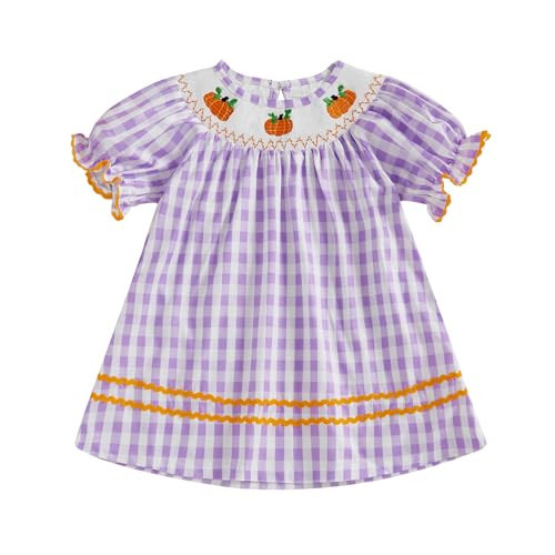 Kids Baby Girl Halloween Outfit Short Puff Sleeve Plaid Pumpkin Embroidery Smocked Dress Toddler Fall Halloween Dress (Purple, 18-24 Months) | Amazon (US)