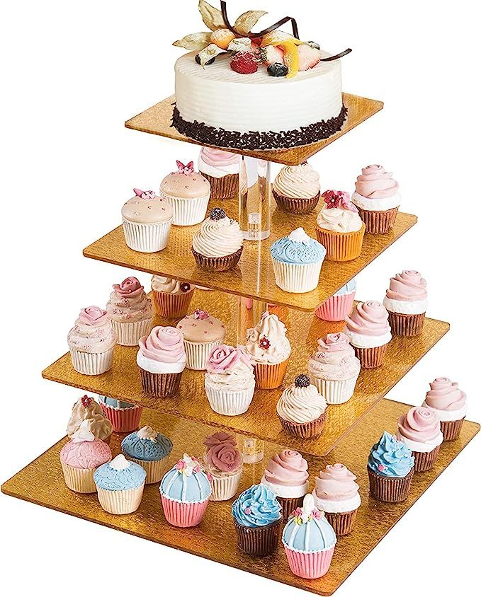 Amazon.com: BLBYHO 4 Tier Gold Cupcake Stand, Acrylic Cup Cake Tower Display Dessert Stand, Squar... | Amazon (US)
