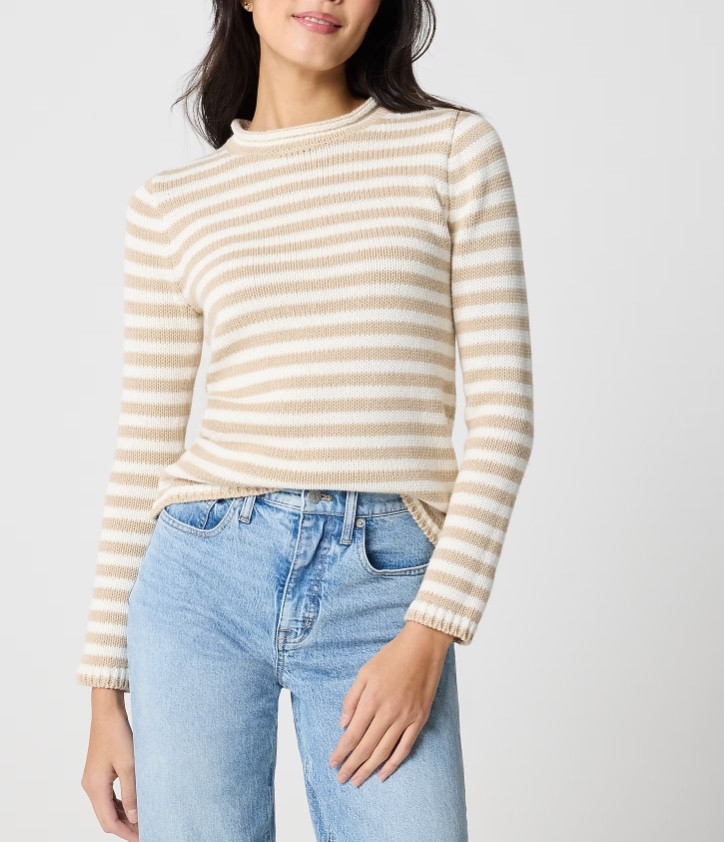 Beige and white striped rollneck sweater 
Spring transitional outfit 

#LTKSeasonal #LTKSaleAlert