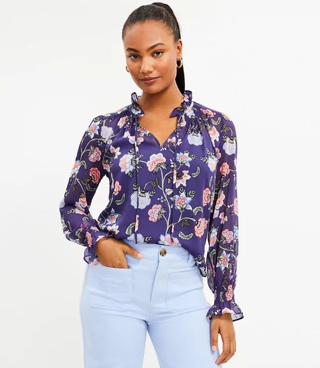 Floral Ruffle Tie Neck Blouse | LOFT