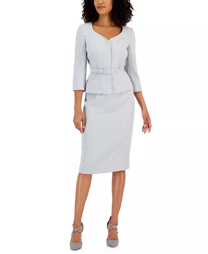 Le Suit Women's Metallic Tweed Belted Jacket & Pencil Skirt Suit - Macy's | Macy's