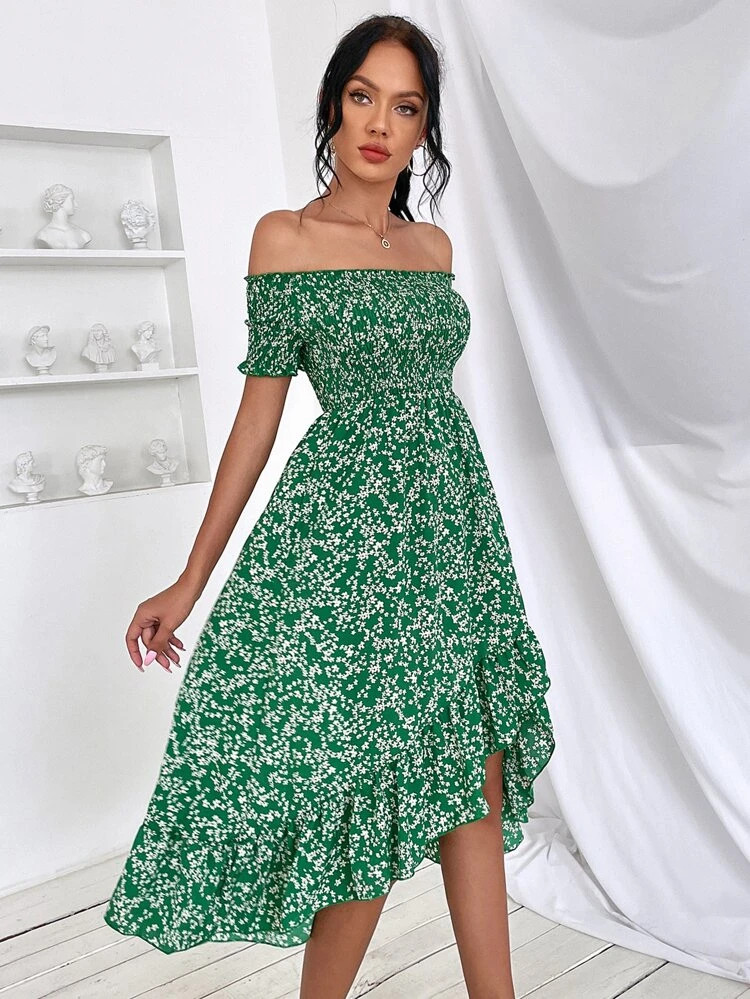 Ditsy Floral Off Shoulder Shirred Bodice Ruffle Hem Dress | SHEIN