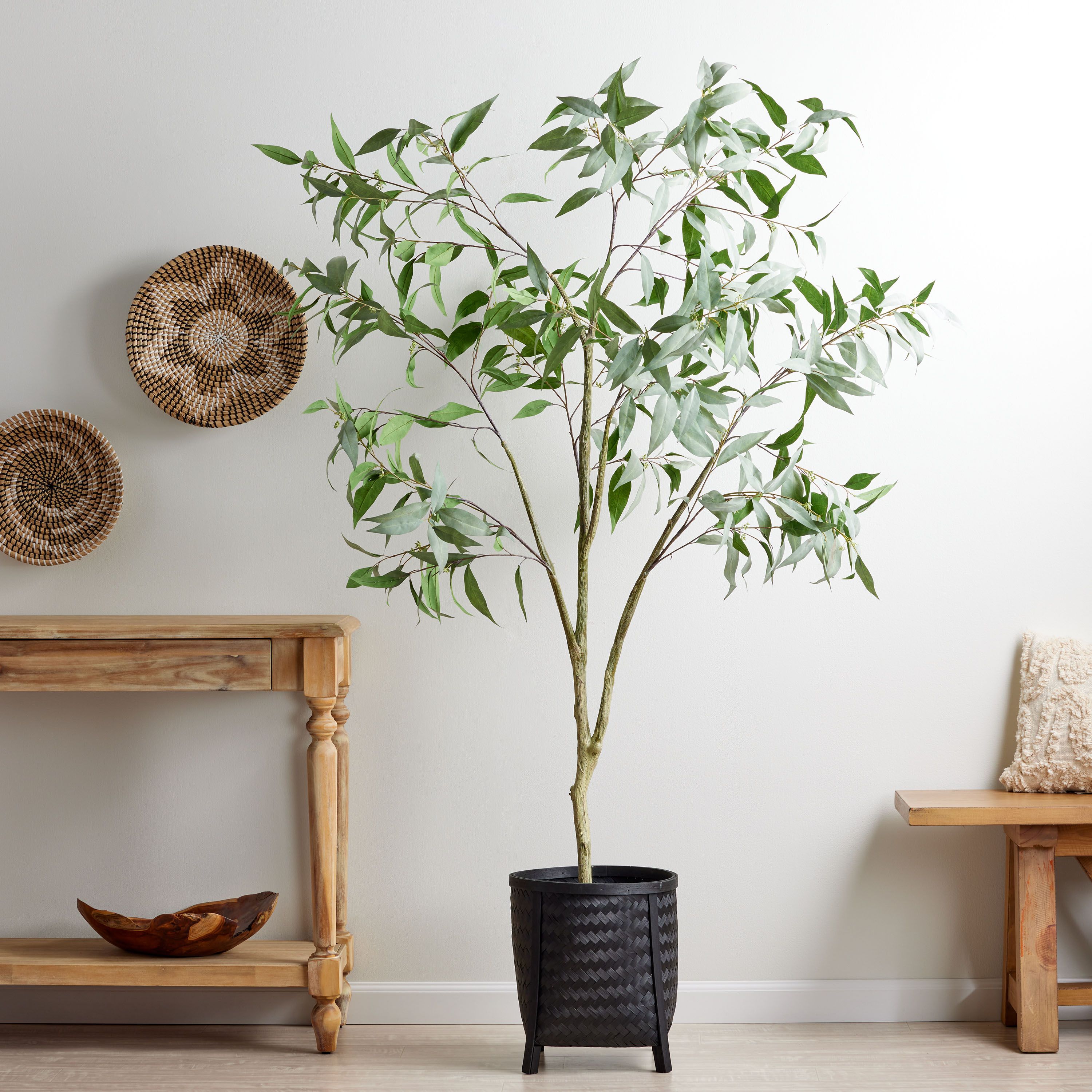 Faux Seeded Eucalyptus Tree with Black Bamboo Floor Planter | World Market