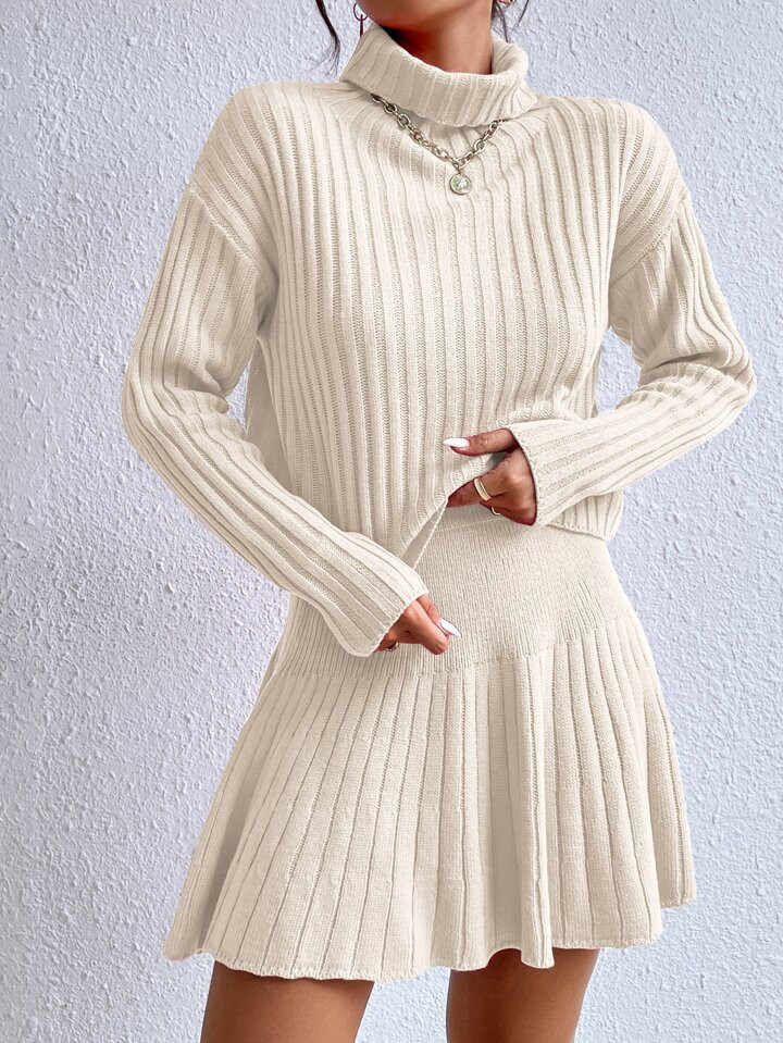 SHEIN Privé Turtleneck Drop Shoulder Sweater & Knit Skirt | SHEIN