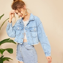 Distressed Button-Front Cropped Denim Jacket | SHEIN