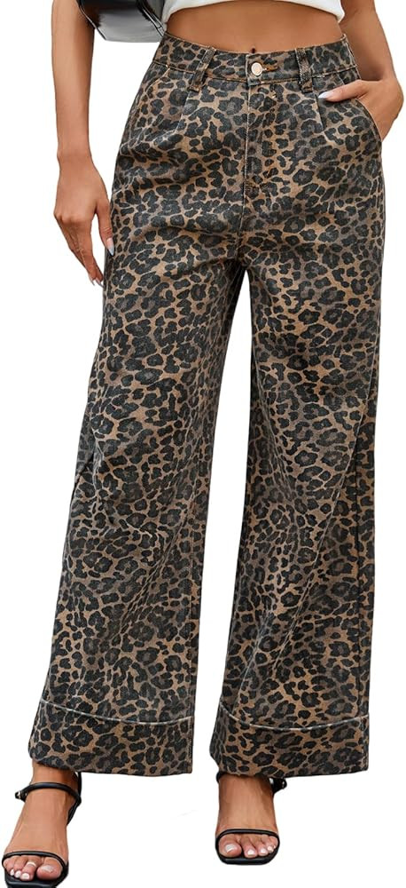 Womens High Waist Wide Leg Jeans Trendy Baggy Cuffed Denim Pants Leopard Loose No Stretchy Jeans ... | Amazon (US)