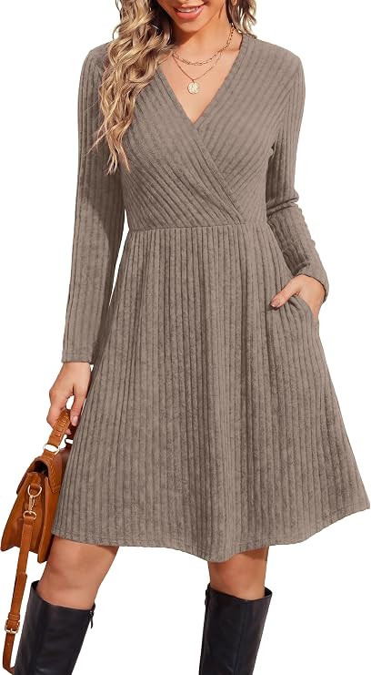 WIH0LL Womens Fall Dresses 2026 Long Sleeve Wrap Sweater Dress with Pockets | Elegant Classy, Sur... | Amazon (US)