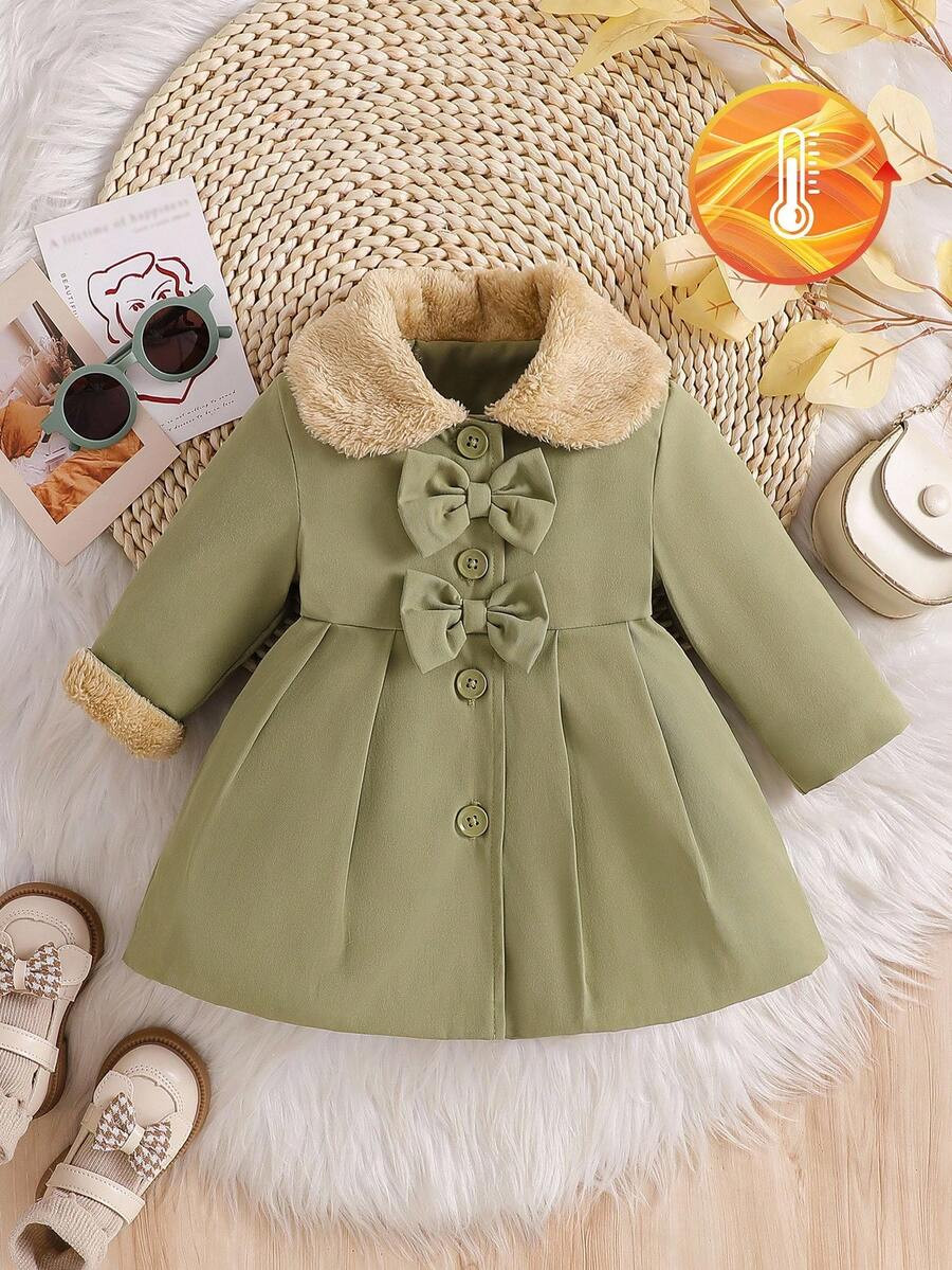 SHEIN Baby Girls' Minimalist Fashion Faux Fur Collar Bow Decor Trench Coat, Autumn/Winter Fall | SHEIN