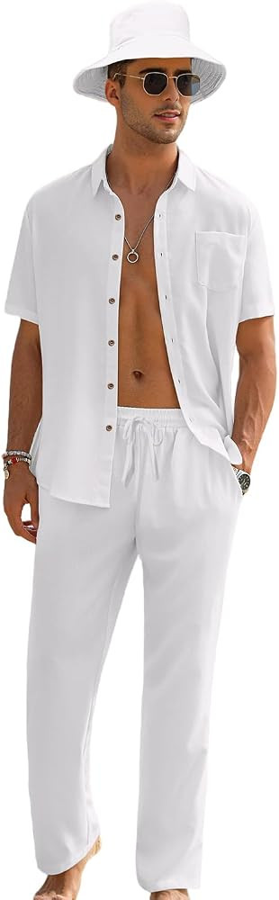 EISHOPEER Men's Linen Sets 3 Pieces Casual Button Down Cotton Linen Shirt and Long Pants Set Beac... | Amazon (US)