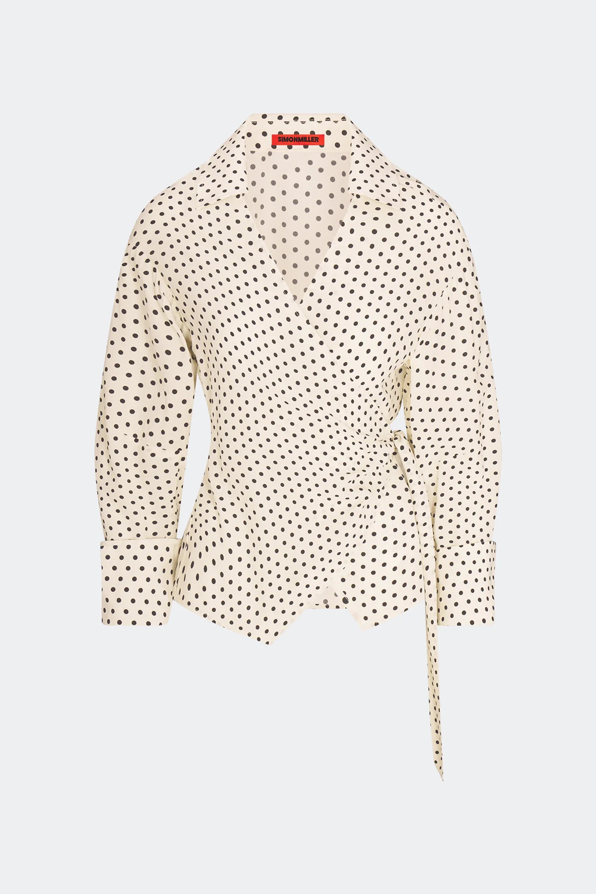 Anya Crepe Wrap Top In Macadamia/Black Polka Dot | Simon Miller