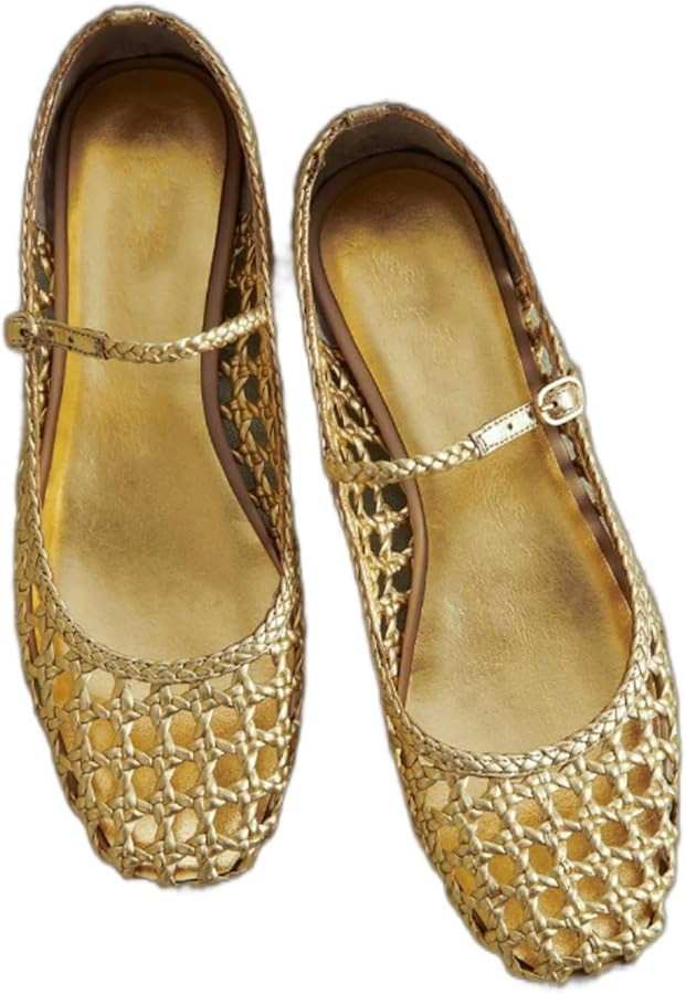 Woven Mesh Ballet Flats for Women Square Toe Mary Jane Flats Buckle Strap Flat Shoes Comfortable ... | Amazon (US)