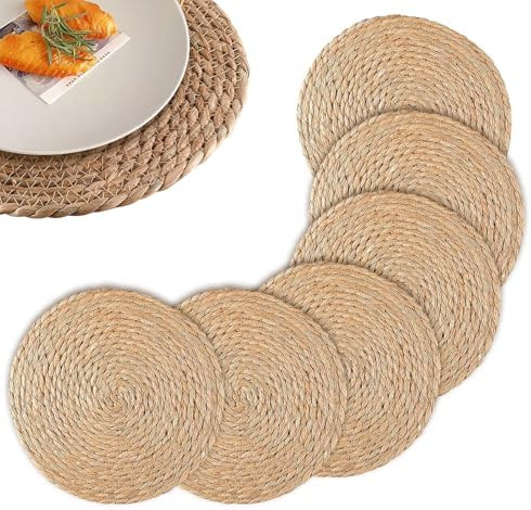 Round Woven Placemats Set of 6, 12in Natural Water Hyacinth Placemats, Round Rattan Boho Farmhous... | Amazon (US)