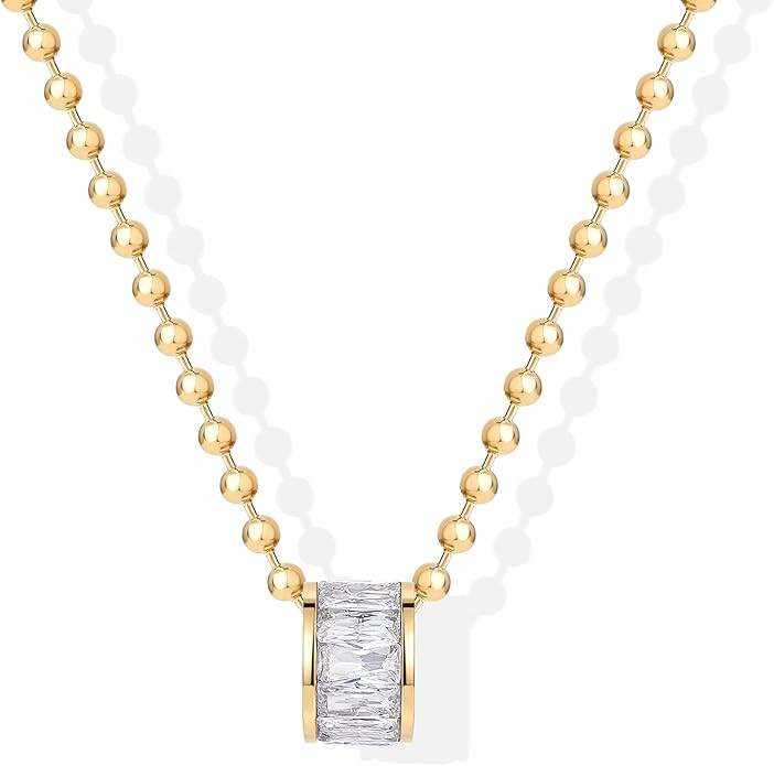 PAVOI Waterproof Pendant Necklace for Women - 14K Gold Plated Dainty Rondelle Pendant with Cubic ... | Amazon (US)