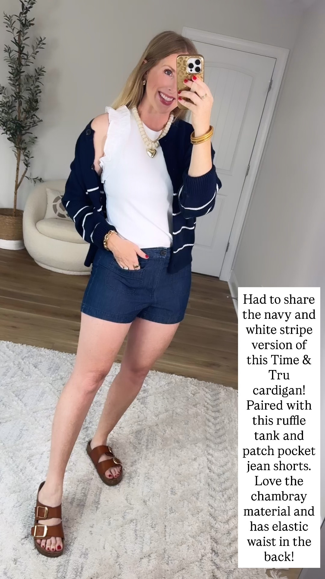 This navy and white striped cardigan from Walmart is a closet staple! It also comes in a cream and black stripe. Wearing it over this white ruffle tank and with patch pocket jean shorts, both from Walmart! Size small in both tops!  ￼

#LTKootd #LTKmomlife