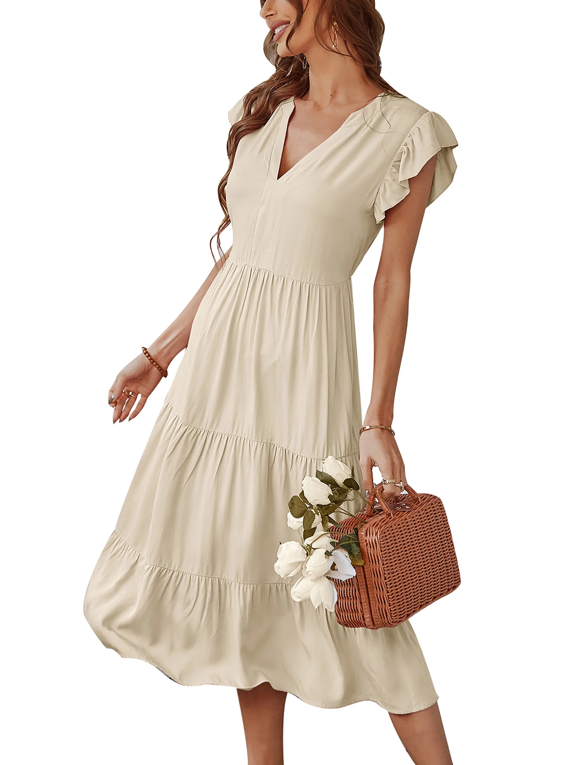 TEMOFON Women's Summer Dresses Short Sleeve Button Down Dress Solid Color Casual Loose Maxi Dress | Walmart (US)