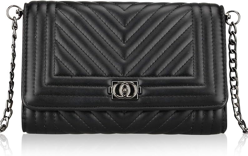 Black Leather Quilted Crossbody Bags for Women Chain Shoulder Bag Cell Phone Wallet Strap Iphone ... | Amazon (US)