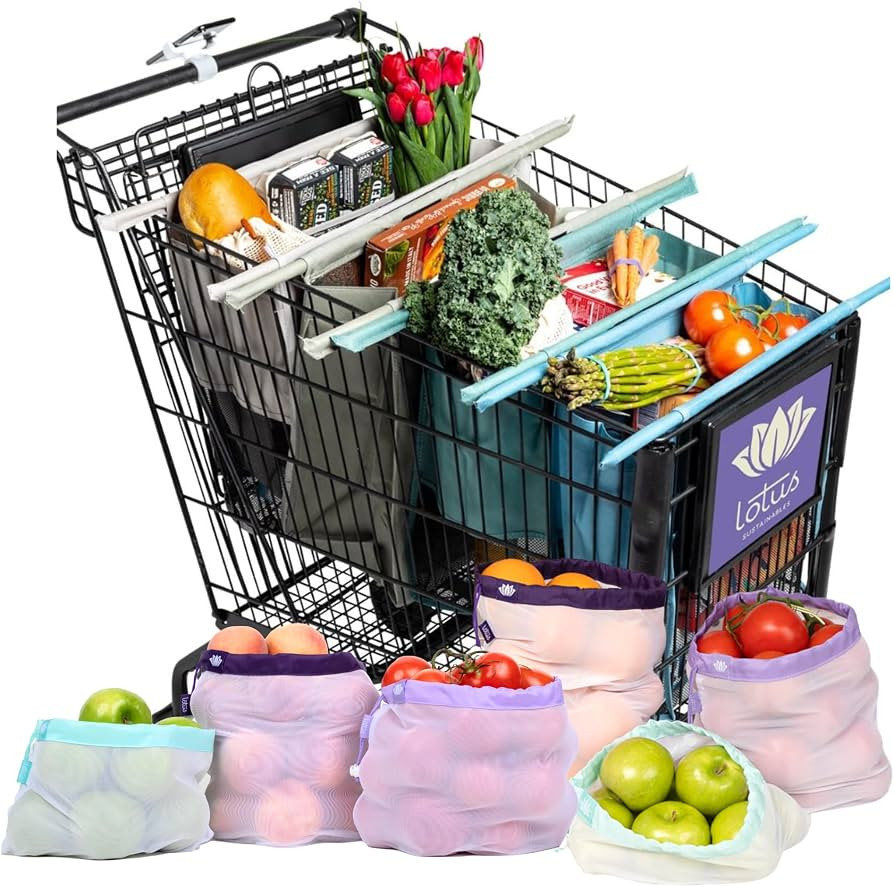 Lotus Trolley Bag Reusable Grocery Cart Bags (Earth Tones) Set of 4 and Reusable Netted Produce M... | Amazon (US)