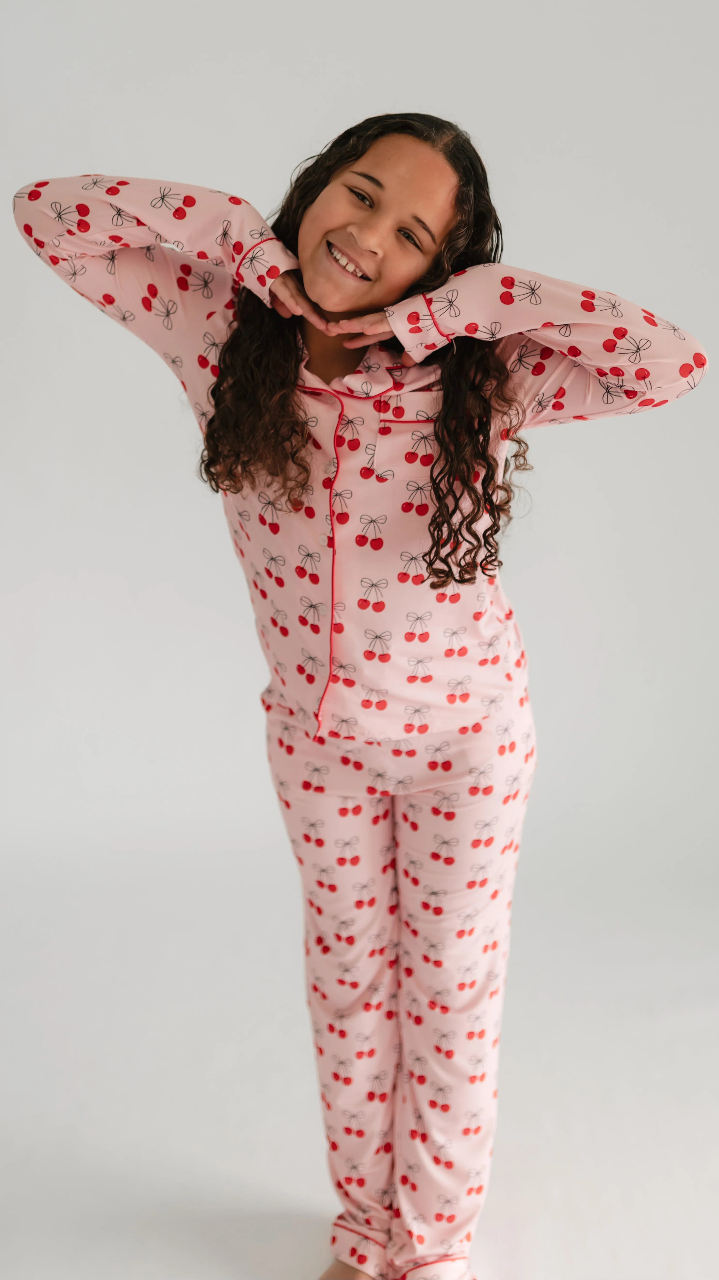 Girl's Button Up Set in Pink Cherry Bows 15/16 | Silks Design