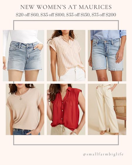 New women’s at Maurices. Sale May 13-16!! Summer outfit. Date night outfit. Curvy mid rise 4-inch shorts. Denim shorts. Jean shorts. Linen high rise wide leg cream dress pants. Camp button down shirt. Short sleeve shirt. Ribbed tshirt. Short sleeve button down blouse. Mid rise 7-inch relaxed boyfriend Bermuda short  

#LTKSaleAlert #LTKFindsUnder50 #LTKOver40