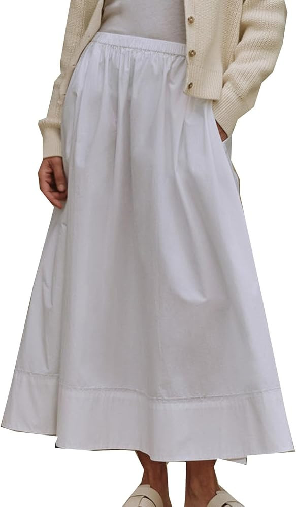 Women's Long Cotton Maxi Skirt Pleated Elastic Waisted Casual Long Skirts Flowy Boho A Line Beach... | Amazon (US)