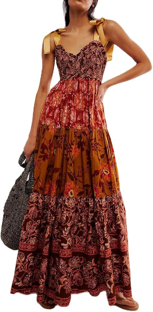Women Summer Dresses Flowy Smocked Maxi Dress Sleeveless Tie Shoulder Boho Dresses Y2K Floral Bea... | Amazon (US)
