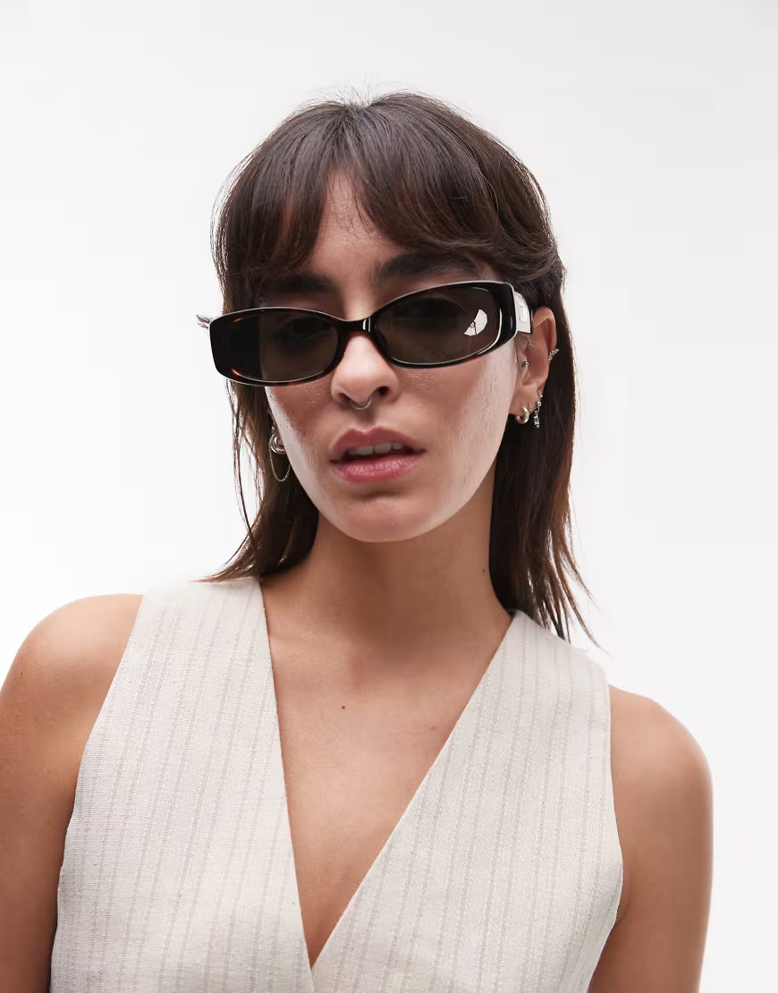 Le Specs Starlight rectangle sunglasses in tortoiseshell with green lens-Brown | ASOS (Global)