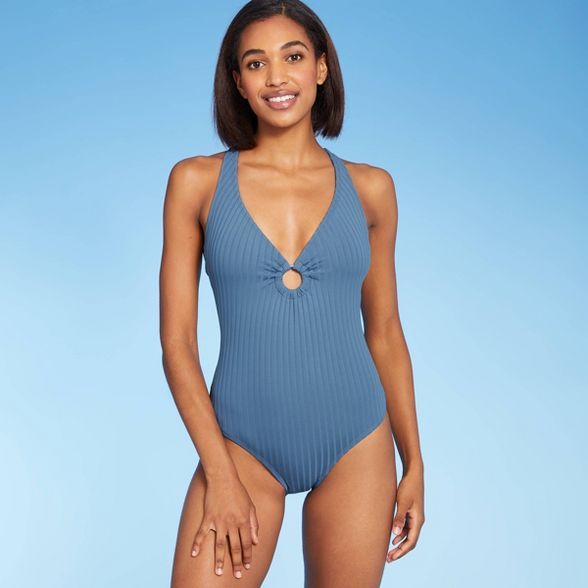 Women&#39;s Wide Ribbed Ring Medium Coverage One Piece Swimsuit - Kona Sol&#8482; Slate M | Target