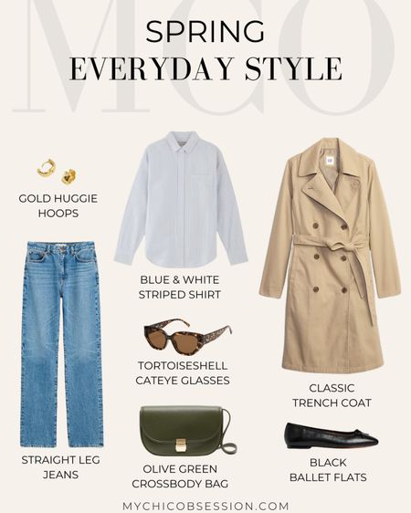 Try this look, perfect for a spring outfit: start with straight leg jeans, with a blue and white striped button down. Next, add a classic trench. Accessorize with gold earrings, an olive green crossbody bag, black ballet flats, and tortoiseshell sunglasses.

#LTKSeasonal #LTKstyletip