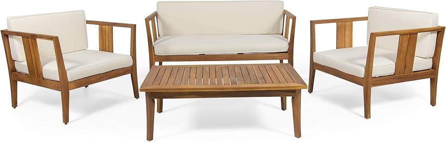 Christopher Knight Home Beatrice Outdoor 4 Seater Acacia Wood Chat Set, Teak and Beige | Amazon (US)