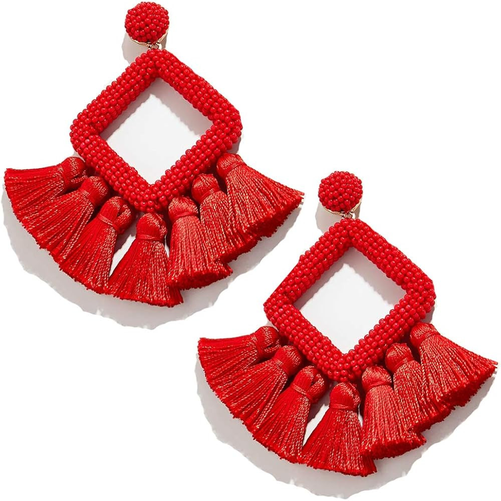 Long Tassel Earrings Statement Bohemian Pom Ball Handmade Drop Dangle Earrings for Women | Amazon (US)