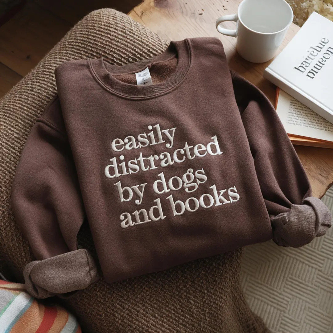 Embroidered "easily Distracted by Dogs and Books" Sweatshirt, Book Dog Lover Gift - Etsy | Etsy (US)