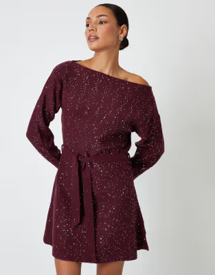 Threadbare Knitted sequin slash neck mini dress in wine | ASOS (Global)