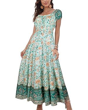 OSTOO Women's 2024 Summer Short Sleeves Boho Floral Print Tiered Casual Flowy Long Maxi Dress | Amazon (US)