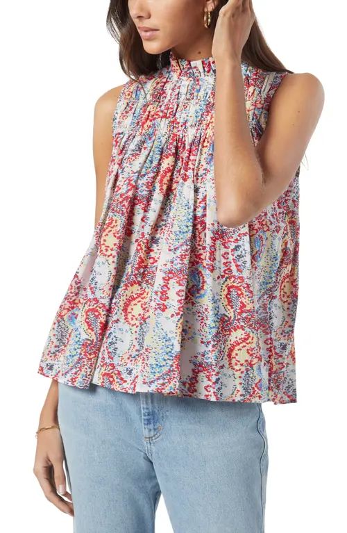 Joie Fern Print Smocked Sleeveless Cotton Top in Porcelain Multi at Nordstrom, Size Small | Nordstrom