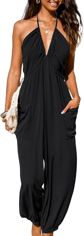 CUPSHE Women's Plunge Halter Sleeveless Pleated Long Romper Knit Jogger Maxi Jumpsuit with Pocket... | Amazon (US)