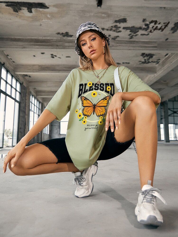 Butterfly And Slogan Graphic Drop Shoulder Oversized Tee | SHEIN