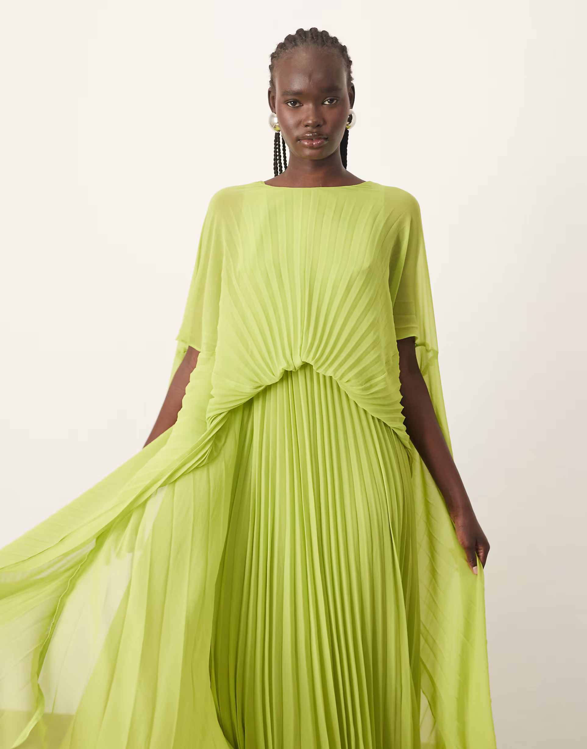 ARRANGE chiffon pleat volume maxi dress with wide sleeve in green | ASOS (Global)