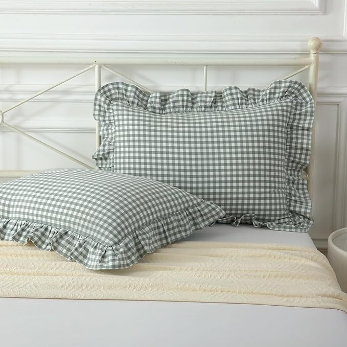 Vintage Dusty Green Plaid Ruffle Pillow Shams Standard Size Set of 2,Washed Cotton Checkered Ging... | Amazon (US)