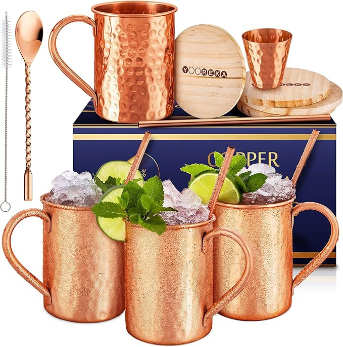 [Gift Set] Moscow Mule Mugs Set Of 4 16 oz Solid Genuine, 100% Pure Copper Cups Cylindrical Shape... | Amazon (US)
