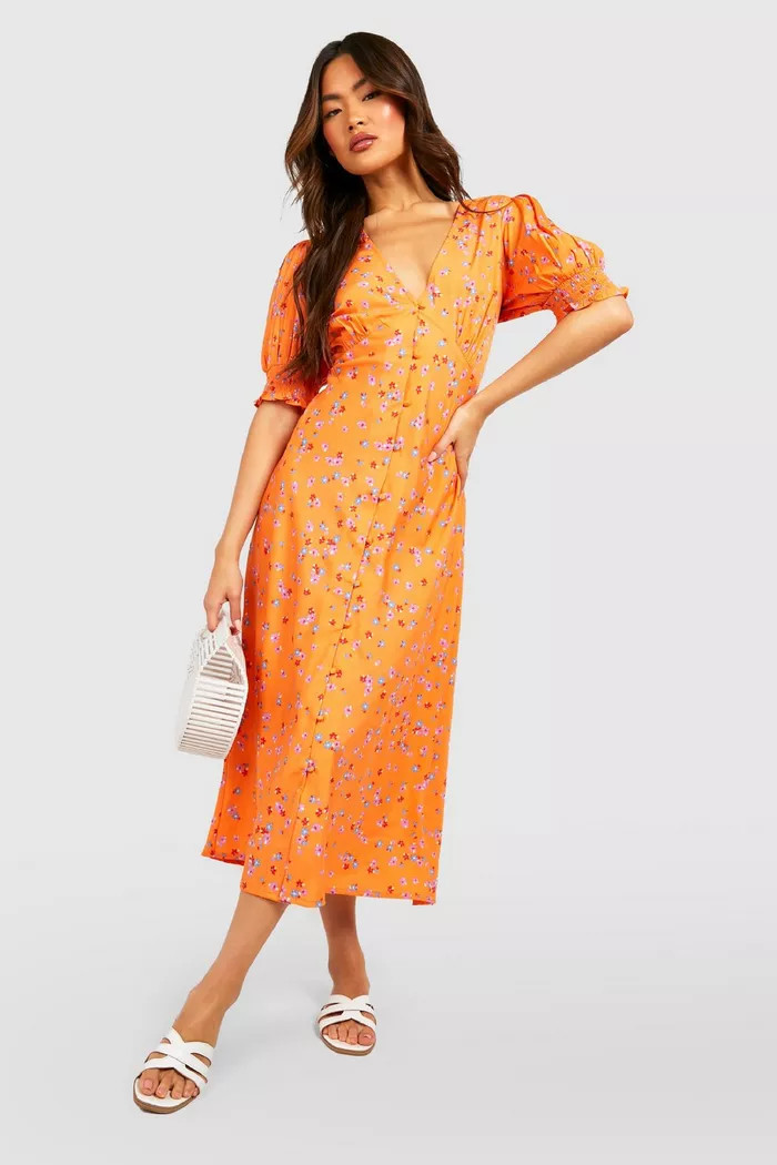 Floral Button Detail Midi Dress | Boohoo.com (US & CA)