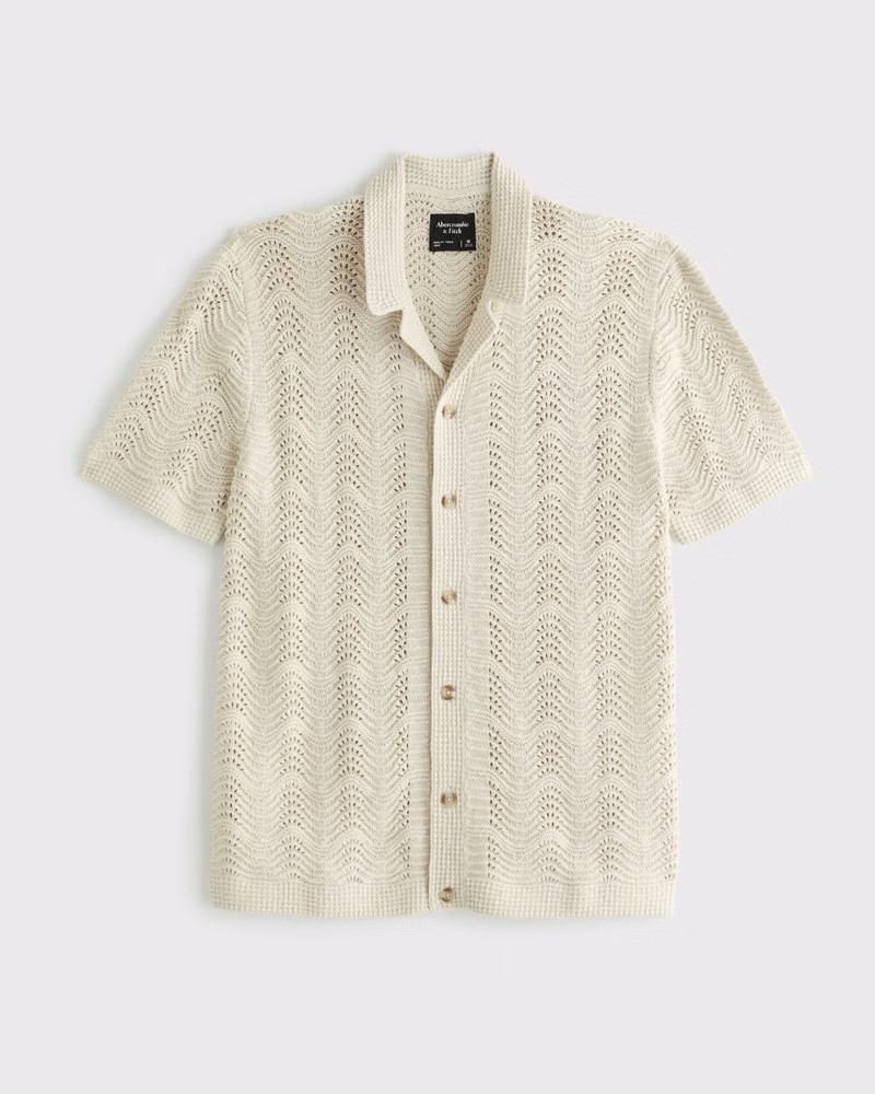Abercrombie & Fitch Men's Wavy Crochet-Style Button-Through Sweater Polo in Warm Beige - Size XXL TALL | Abercrombie & Fitch (US)