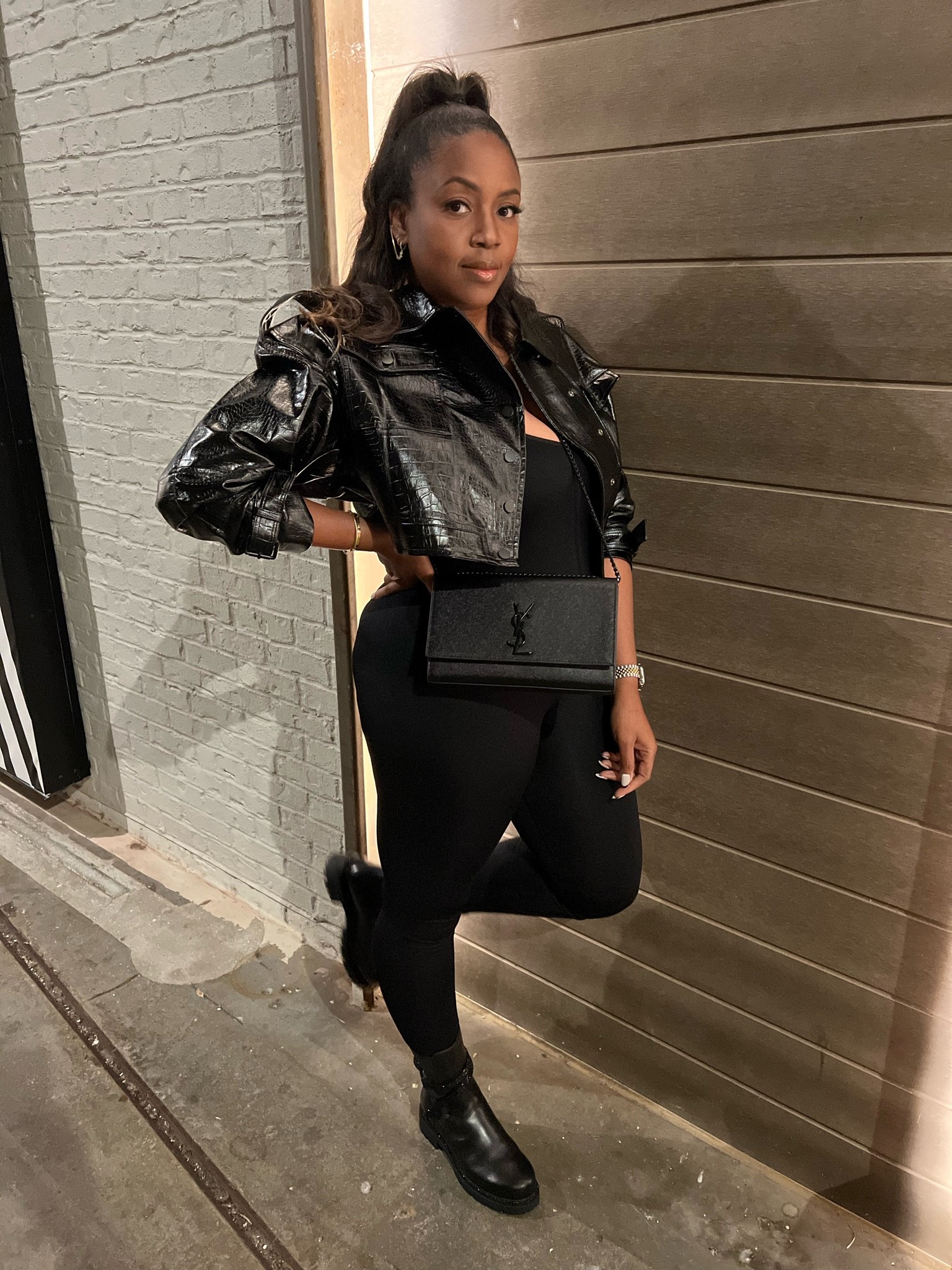 My all black date night outfit. Cropped leather jacket, bodysuit and designer purse with combat boots. This YSL bag and boots goes with anything! Any jewelry color combo because of it’s all black aesthetic. 

#LTKcurves #LTKstyletip #LTKitbag