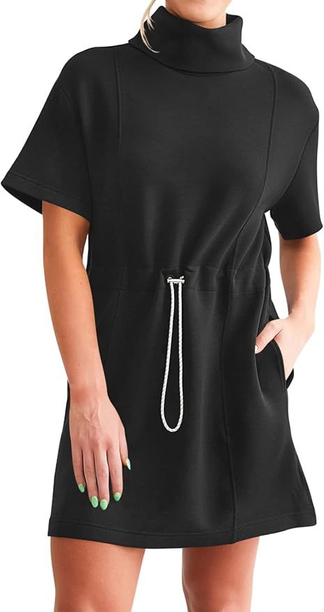 Wenrine Womens Sweatshirt Dress Drawstring Waist Short Sleeve High Neck Casual Mini Dress with Po... | Amazon (US)