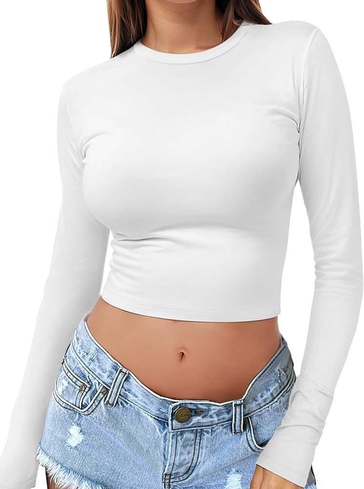 Womens Long Sleeve Crop Top Crew Neck Y2K Shirt Sexy Slim Fitted Casual Base Layer Soft Workout S... | Amazon (US)