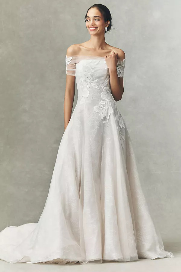 Jenny by Jenny Yoo Carmella Off-Shoulder Appliqué Lace A-Line Wedding Gown | Anthropologie (US)