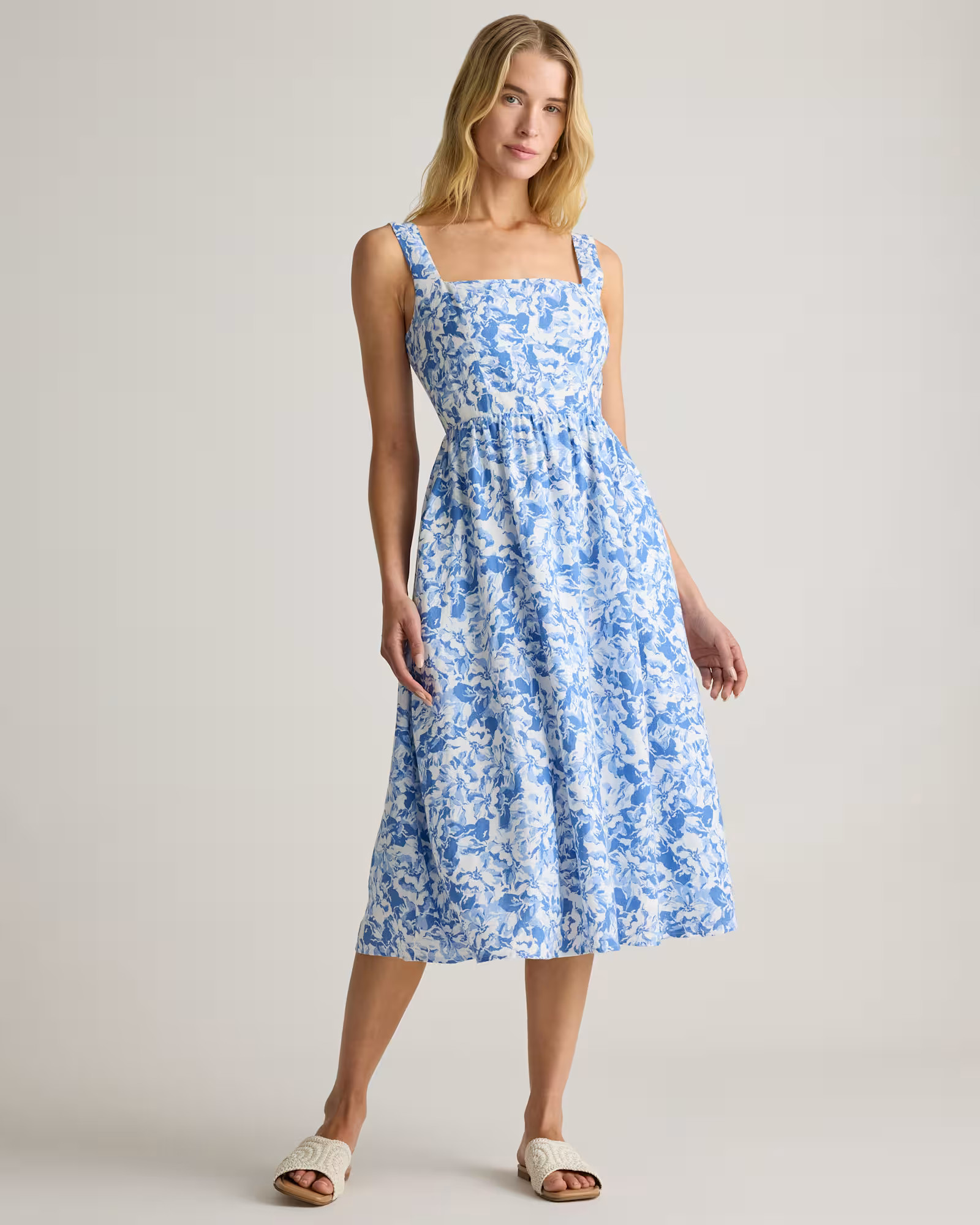 100% European Linen Fit & Flare Midi Dress in Floral Waterfall | Quince